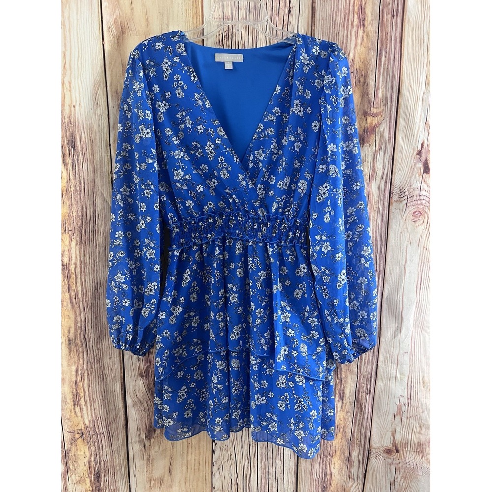 Chelsea 28 Women's Blue Floral V Neck Women's Dress Size Medium
